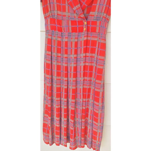 Vintage Jackie Bernard Eklektic Red Plaid Crepe Pleats Midi Dress Sailor Size 4 - Picture 12 of 13